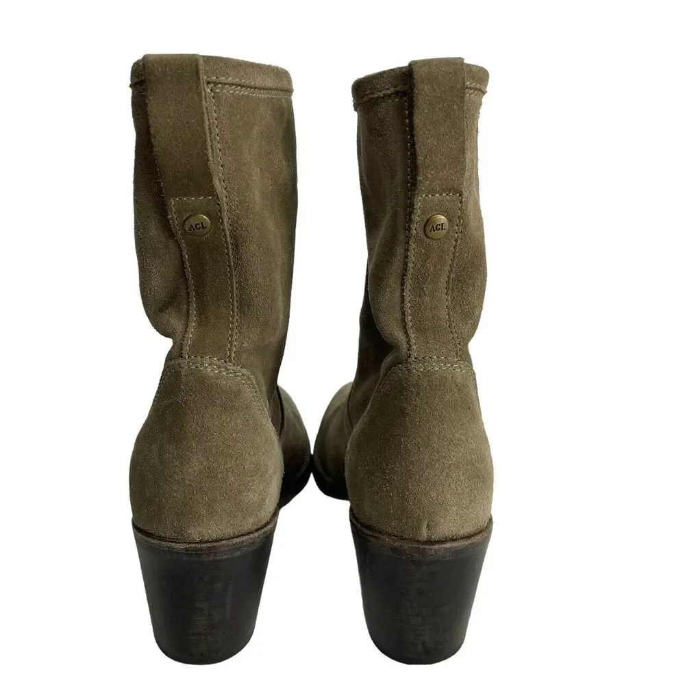 AGL ATTILIO GIUSTI LEOMBRUNI Taupe Tan Suede Ankle Chunky Heel Slouch Boots 37.5